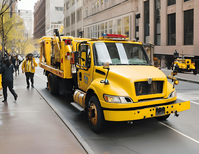 A tow truck, yellow and bold, navigates bustling streets, ready to rescue stranded vehicles.